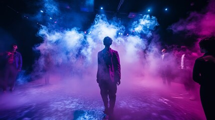 Fototapeta premium Silhouette, smoky stage, colorful lighting, figures.