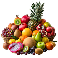 Colorful assortment of fresh and ripe fruits including pineapple, pomegranates, kiwi, and grapes, promoting a healthy lifestyle and nutritious diet, PNG image, Cutout, Isolated on white background