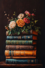 stack of books with flowers in the center, by jean-luc almond, vintage oil painting, cottagecore style, dark background, romantic and nostalgic theme, soft brush strokes, muted colors, hyper realistic