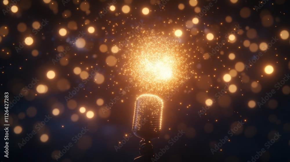 Poster a shimmering microphone surrounded by glowing particles, creating a magical atmosphere perfect for m