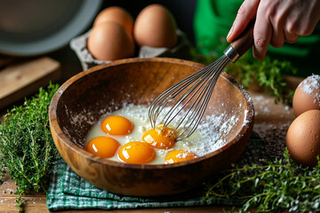 A person whisking eggs in a bowl with a whisk