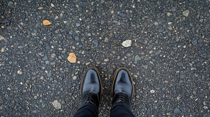 Aerial view of asphalt road with polished footwear standing on textured surface in urban setting