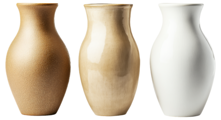 Three vases of different textures and colors: gold, beige, and white