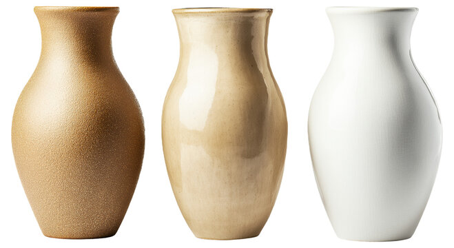 Three vases of different textures and colors: gold, beige, and white