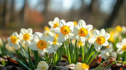 Colorful close-up of blooming daffodils in a sunny spring setting showcasing vibrant petals and lush green foliage.