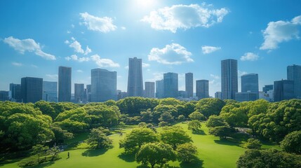 Obraz premium Urban Oasis: Skyscrapers and Lush Greenery