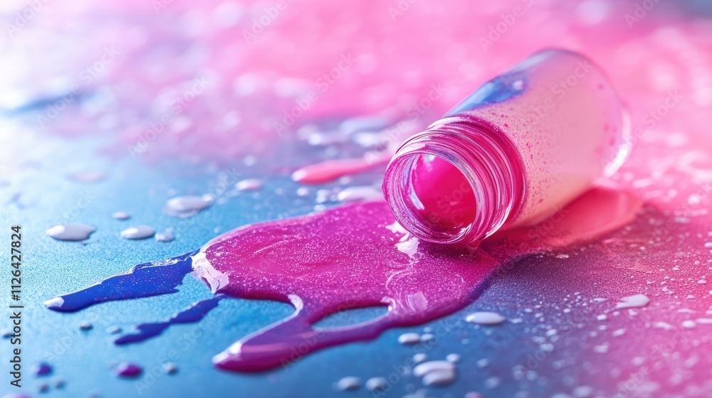 Poster spilled vibrant nail polish on a light surface creating a colorful abstract background with droplets