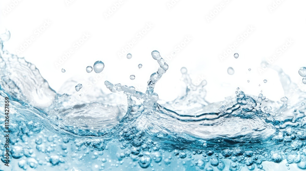 Poster high-speed capture of a dynamic water splash with numerous bubbles, against a clean white background