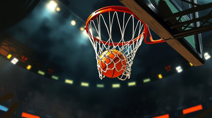 Close-up of a Hoop and Ball in Dynamic Digital Basketball Action, Featuring Mid-Air Movement, an Arena Background, Motion Blur, and Dramatic Lighting