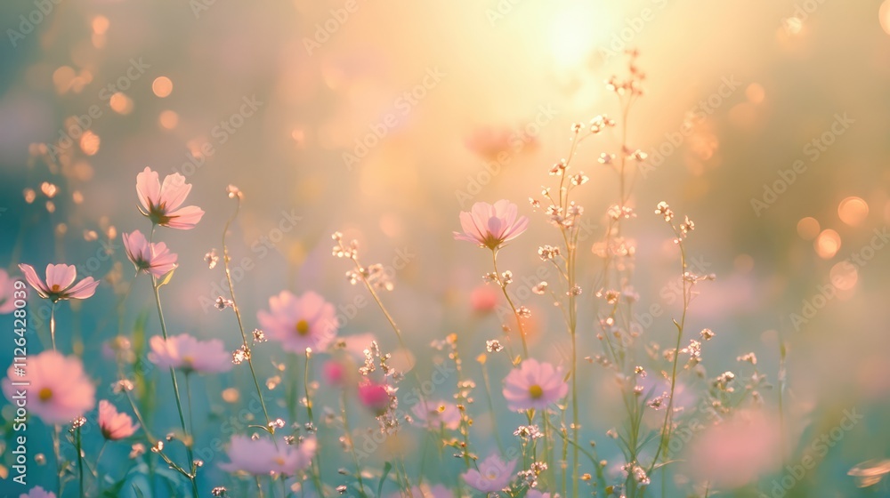 Aufkleber delicate pastel flower field under soft sunlight creating a serene abstract nature backdrop for crea