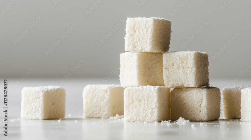 Poster sugar cubes stacked aesthetically on a minimalist white background showcasing texture and simplicity