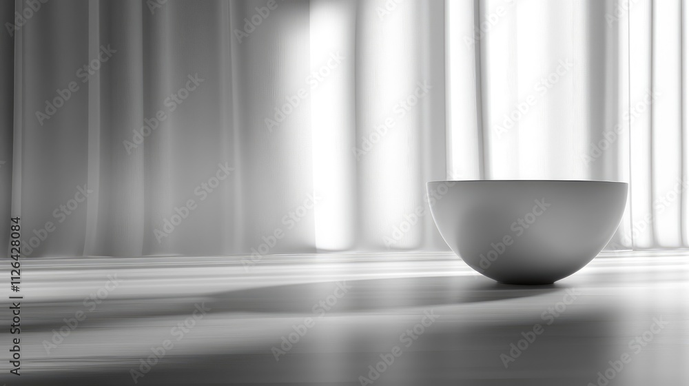 Poster minimalist interior with white curtains and a simple bowl near a window creating a serene and elegan