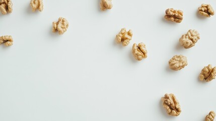 Walnuts scattered on a clean white background showcasing their natural texture and shape ideal for food and health-related concepts