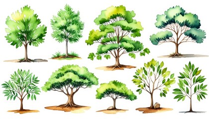 Vibrant watercolor trees: lush greenery and natural beauty in artistic form