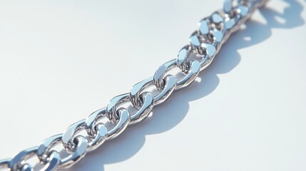 Fototapeta premium Silver chain jewelry elegantly displayed over a clean white surface showcasing its intricate links and shiny finish