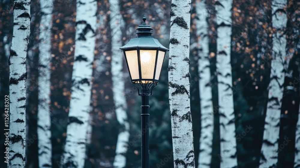 Poster street lamp illuminating a serene path surrounded by white birch trees during twilight in a tranquil