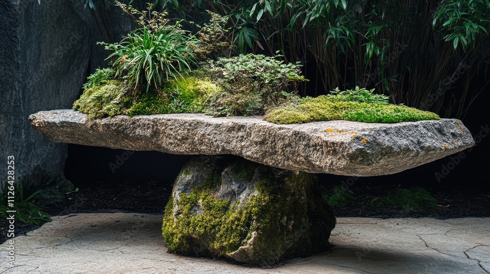 Aufkleber balanced stone garden sculpture adorned with lush greenery and moss creating a serene natural displa
