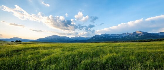 scenic landscape with green fields and mountains under a blue sky