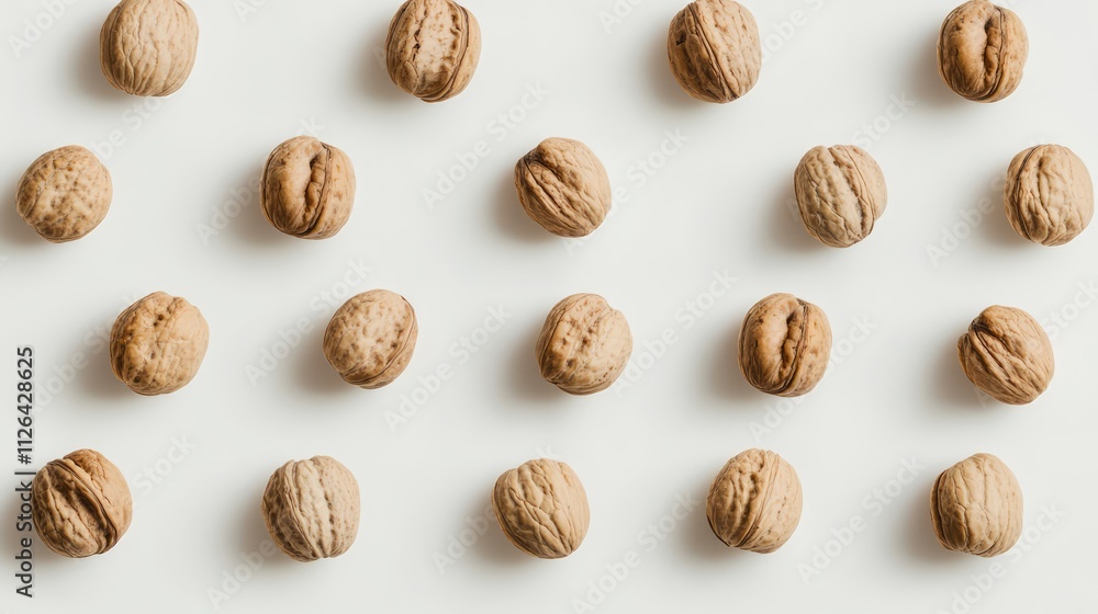 Poster Walnuts arranged neatly on a white background showcasing their natural textures and patterns in a minimalist design.