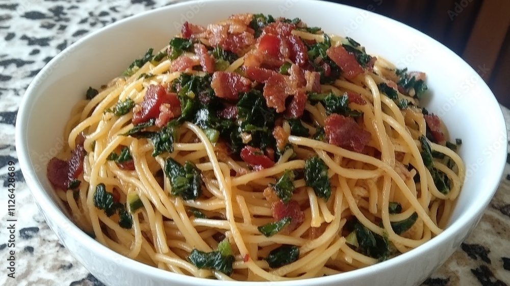 Poster spaghetti with tomato sauce and crispy bacon garnish on a textured surface