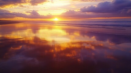 Obraz premium Serene sunset reflection of orange and purple hues on tranquil sea surface during golden hour with soft clouds in the background