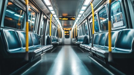 Fototapeta premium A quiet subway train interior with empty seats and overhead displays.