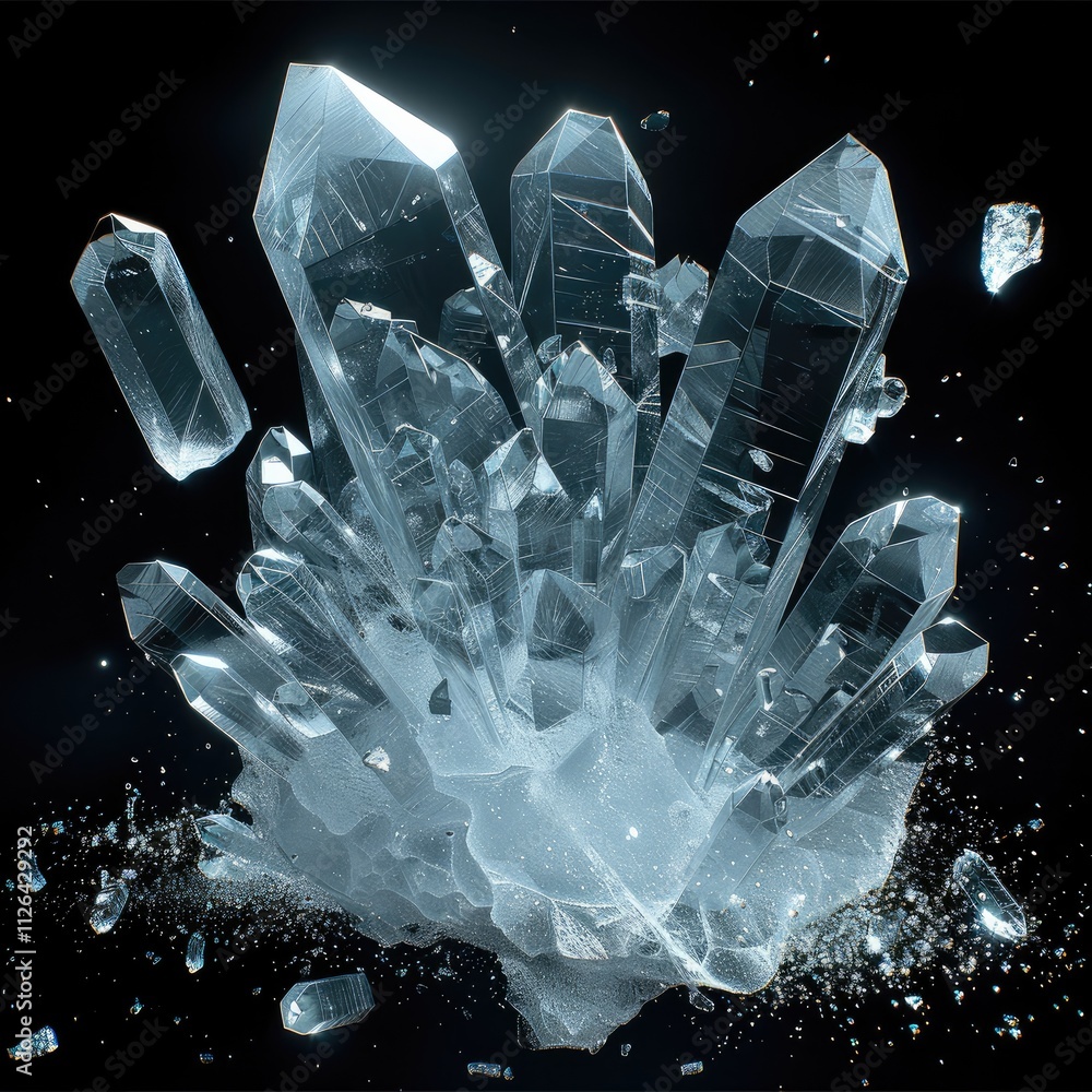 Poster an abstract cluster of transparent crystal shards, with jagged edges and refracted light effects, fl