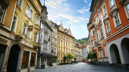 Fototapeta premium Charming European Street Scene: Cobblestone Streets and Colorful Buildings