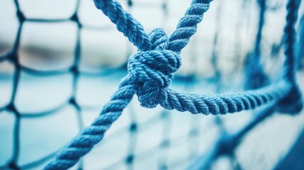 Steel rope climbing net structure on playground featuring detailed close-up of knot and blue ropes against blurred background.