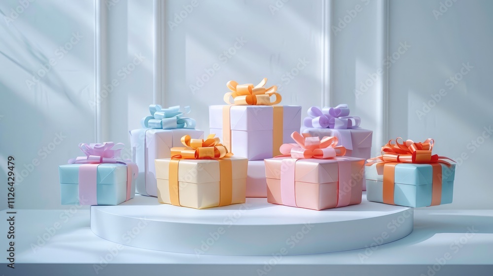 Aufkleber Multiple colorful gift boxes arranged neatly on a white podium, each wrapped in vibrant glossy paper with intricate ribbons, surrounded by a soft light on a clean background.