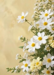 Obraz premium Soft pastel yellow background with delicate white and yellow flowers, spring, soft, elegant, nature
