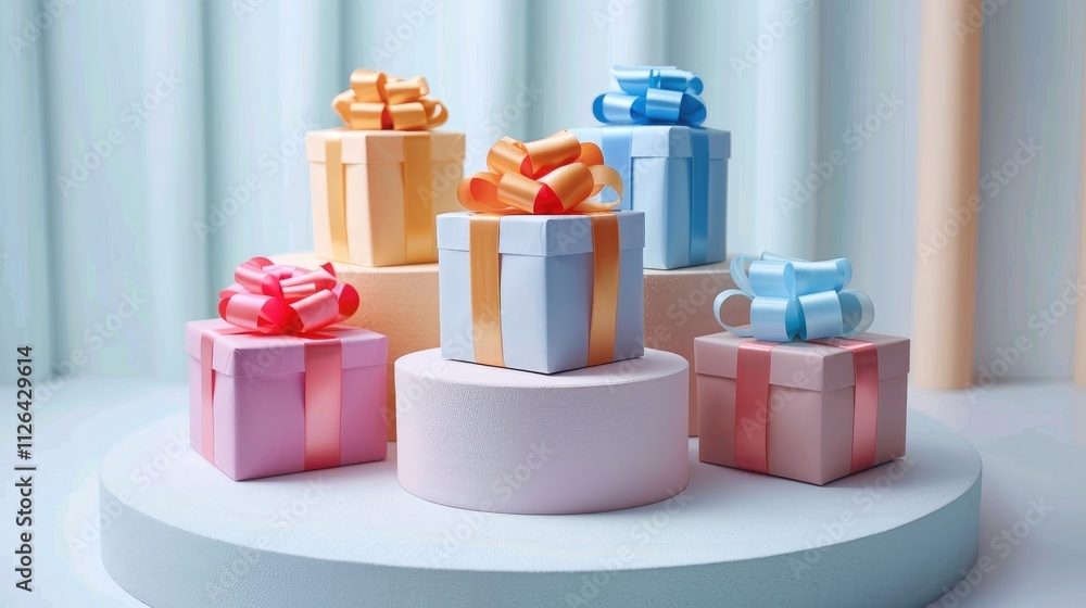 Poster Multiple colorful gift boxes arranged neatly on a white podium, each wrapped in vibrant glossy paper with intricate ribbons, surrounded by a soft light on a clean background.
