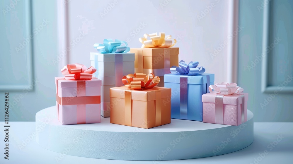 Poster Multiple colorful gift boxes arranged neatly on a white podium, each wrapped in vibrant glossy paper with intricate ribbons, surrounded by a soft light on a clean background.