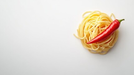 Spaghetti nest with fresh red chili pepper on a clean white background for culinary presentation or food packaging design