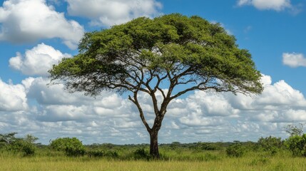 Cerrado ecosystem iconic tree surrounded by lush undergrowth under blue sky with clouds in a vibrant natural landscape
