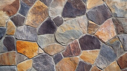 Fototapeta premium Colorful irregular stone wall texture suitable for backgrounds and flooring design projects rustic earthy tones natural materials.