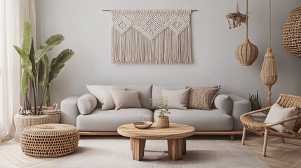 A minimalistic interior design of a living room with a gray sofa, wooden coffee table, gray macram� lamp, and elegant accessories, all set against stylish gray walls.