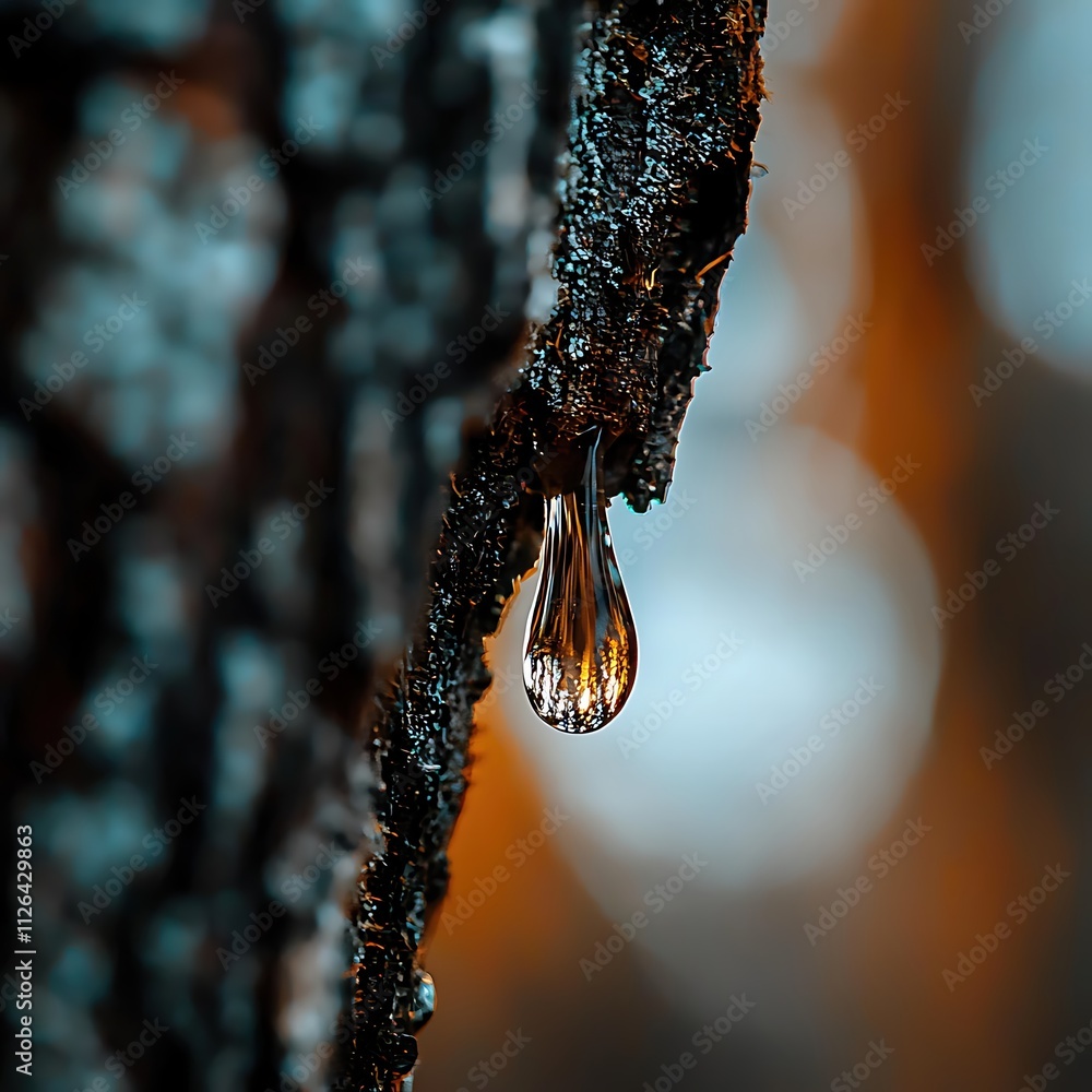Poster a tree branch with a drop of water on it