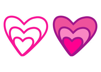 Logo corazón. Set con formas concéntricas de corazón con líneas exteriores y relleno para tarjetas y felicitaciones de San Valentín