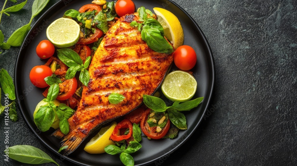 Poster grilled tandoori fish served with fresh vegetables and lemon slices on a dark plate creating an appe