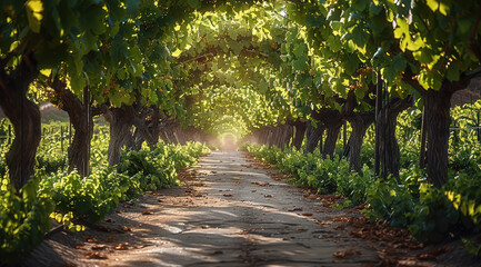 Beautiful alley in a small vineyard that have grape trees on both sides.