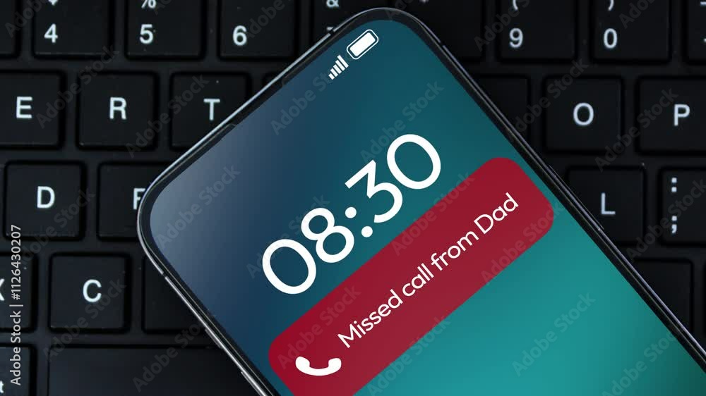 Poster missed call from dad notification on mobile screen 4k animation, seamless. red missed call notificat