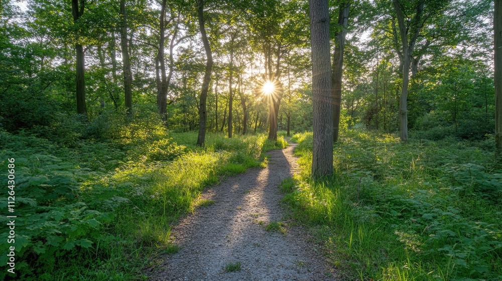 Poster sunlight filtering through lush trees on a serene forest path at sunrise in the utrechtse heuvelrug 