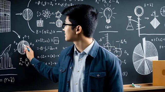 Young Man Solving Equations on a Chalkboard with Science and Mathematics Symbols in a Classroom Setting

