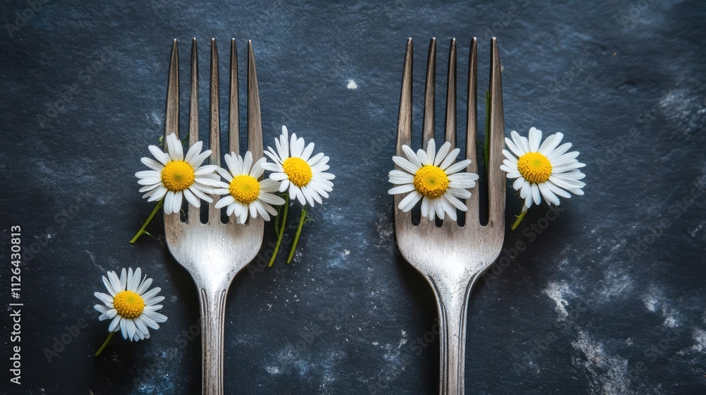 Poster two silver forks adorned with fresh daisies on a dark slate background creating a beautiful and eleg