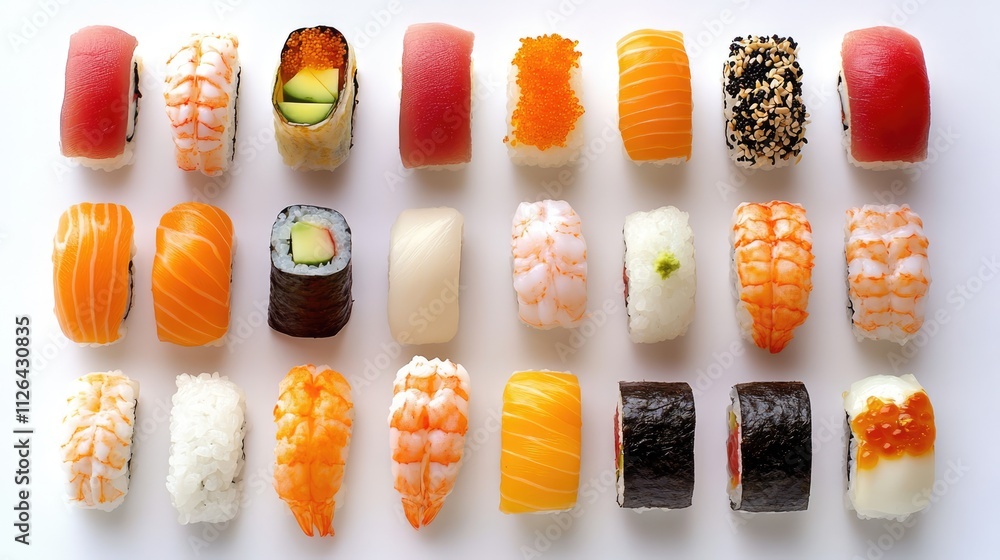 Poster assorted sushi rolls displayed in an inviting arrangement featuring a variety of ingredients and col