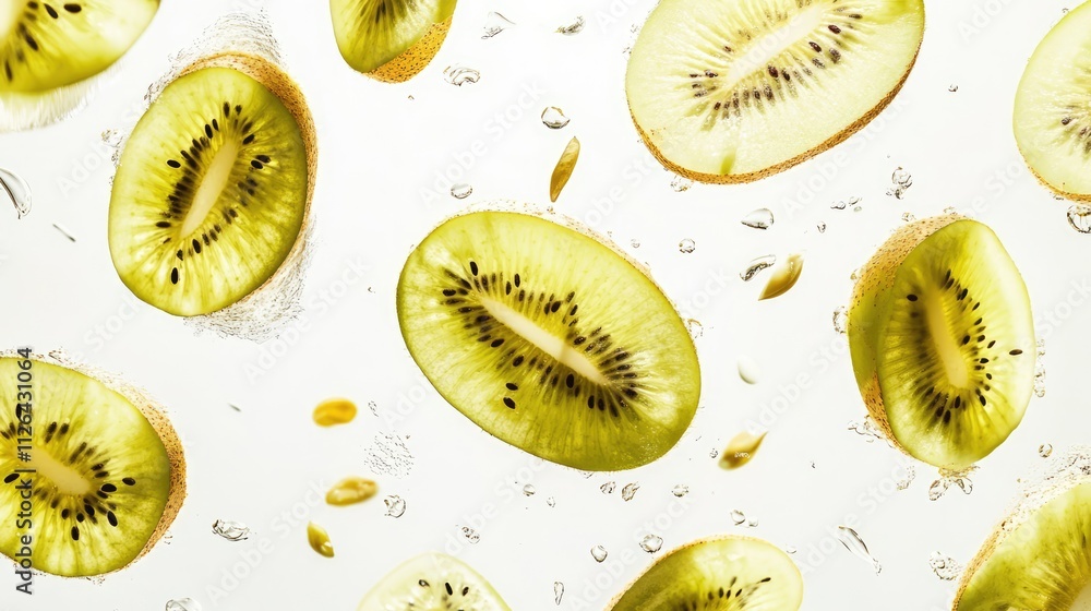Poster sliced yellow kiwi fruit floating in the air on a light background with seeds and water droplets cre