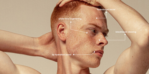 Contemporary art collage. Male facial close-up with labeled skincare therapies, exploring...