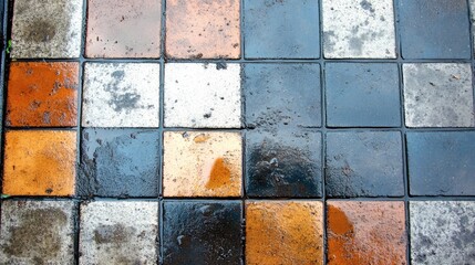 Wet textured asphalt tiles with orange, black, and gray patches, showcasing reflective surfaces after rain, suitable for industrial, urban, or abstract design use, surface, reflection, pavement.