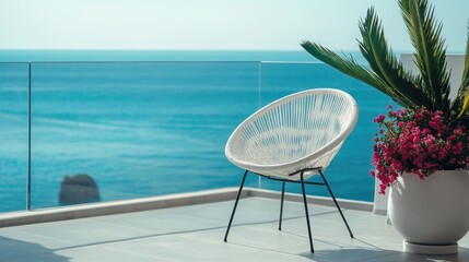 Obraz premium Cozy white chair on hotel balcony with stunning sea view surrounded by potted plants and vibrant flowers for a serene atmosphere.